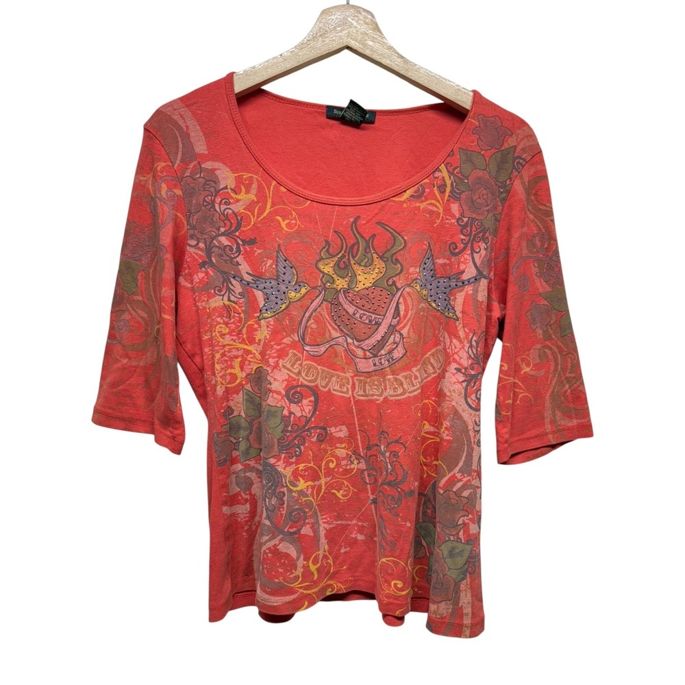 Vtg Y2K Shirt Women Sz M Love Is‎ Blind Graphic Rhinestone Grunge Rose Heart